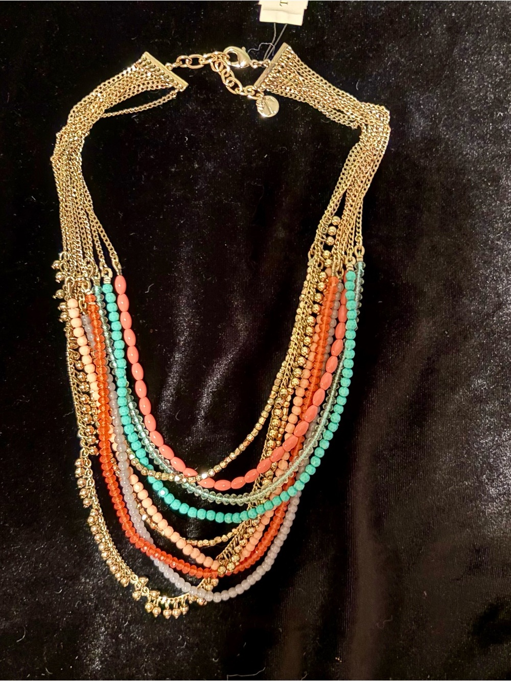 Talbots Coral, Turquoise & Peach Multi-Strand Beaded Necklace with Gold Chains